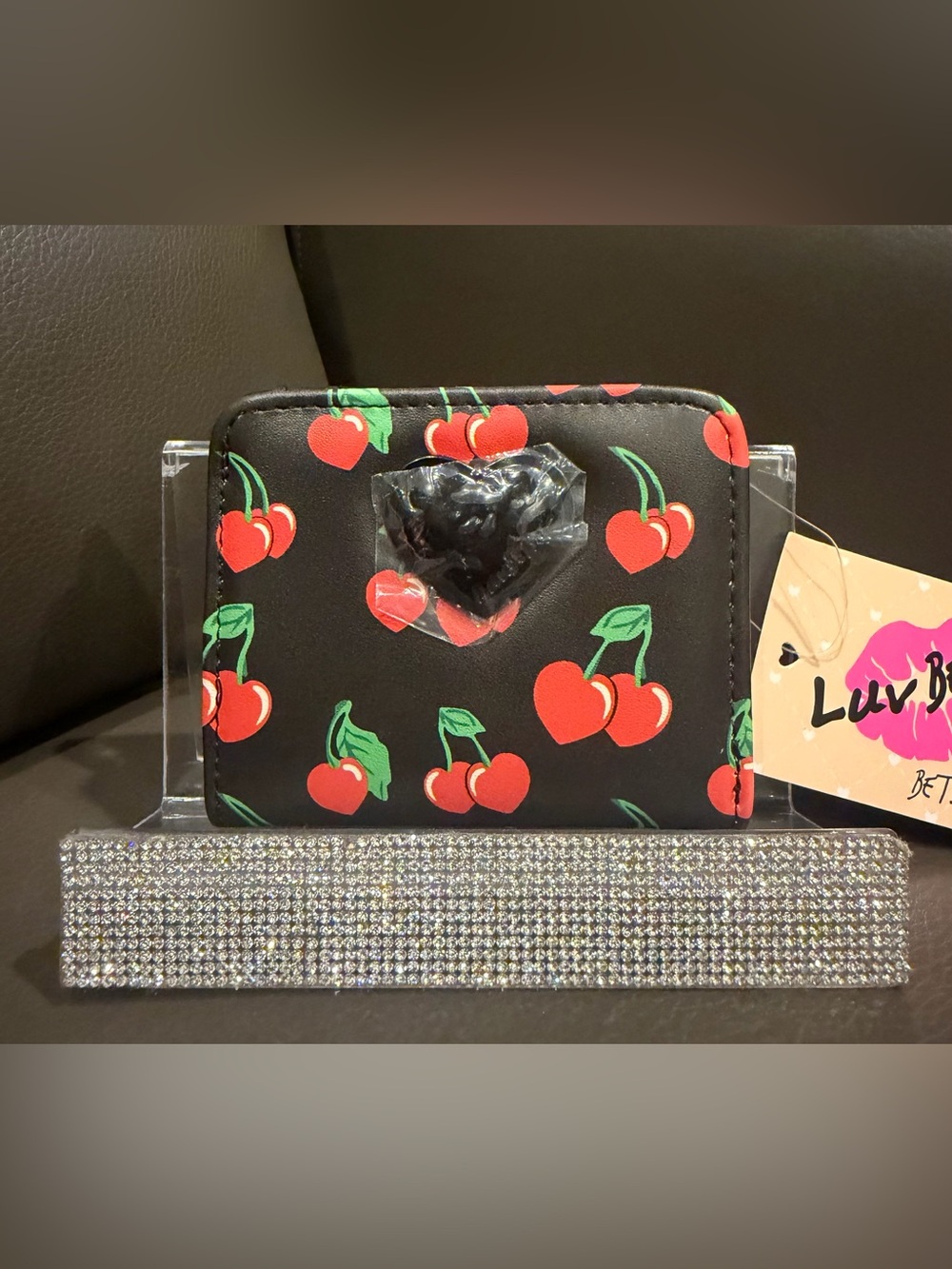 Luv Betsey Black with Cherries Compact Wallet